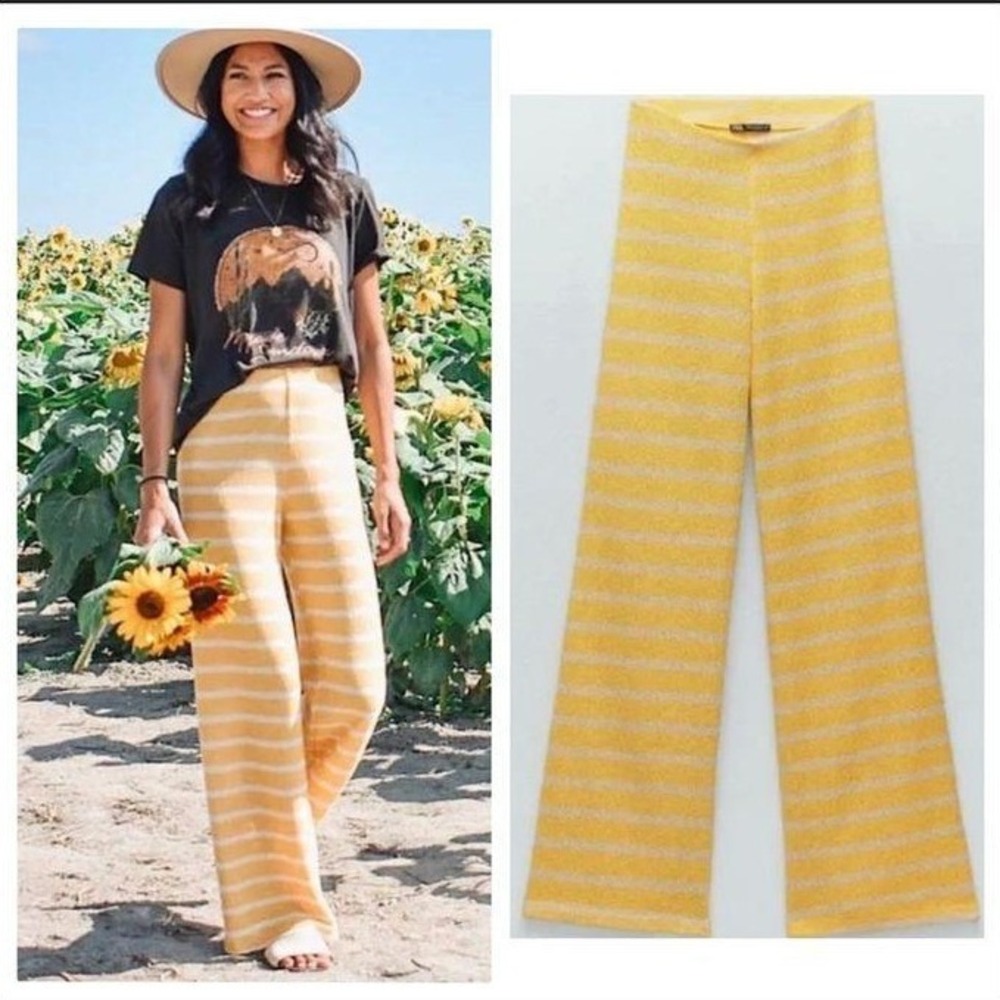 Zara Women Yellow White Striped Knit Wide Leg Pants High Rise Boho Summer Small